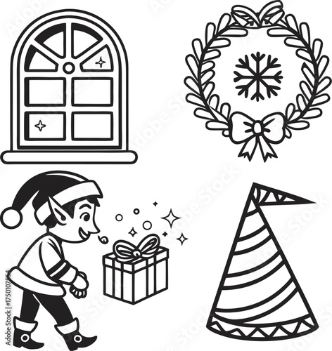 Christmas elements silhouette set window wreath gift box and christmas tree icons isolated on transparent background