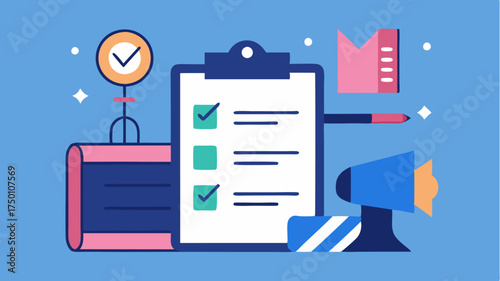 A stylized checklist of best practices for video production including tips on lighting sound quality and editing techniques.