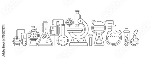 Medical laboratory icons with microscope, flasks and chemical research equipment. Outline banner of scientific lab with microscope, glass tube, beaker, molekule and cell, vector illustration