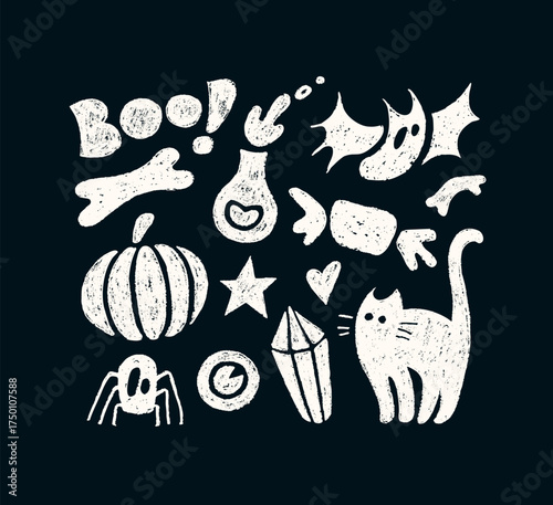Halloween icons with black silhouettes of bat, cat, spider and pumpkin. Cute crayon elements for autumn holiday decor. Doodle Halloween icons with charcoal texture, vector illustration