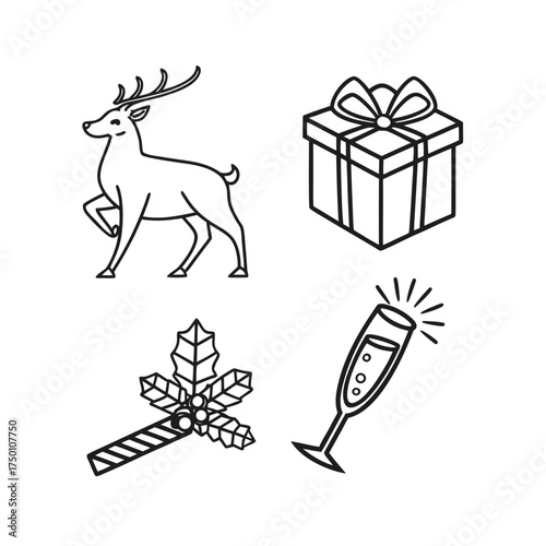 Festive christmas icons in outline style a reindeer gift box holly and champagne flute isolated on transparent background