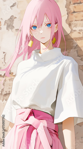 Stylish anime girl with pink hair wearing white outfit standing against rustic wall, concept of youth and fashion illustration.