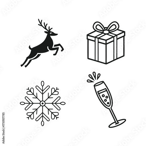 Christmas icons set silhouette festive holiday symbols reindeer snowflake gift ornament isolated on transparent background