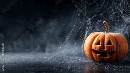 Halloween Pumpkin Glowing in the Dark With a Spooky Web in the Background Dur...