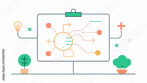 An illustration of a whiteboard filled with interconnected drawings and keywords capturing the essence of collaborative brainstorming and idea mapping.