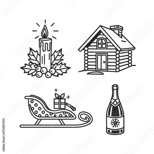 Winter holiday icons featuring candle log cabin sleigh and christmas tree silhouette isolated on transparent background