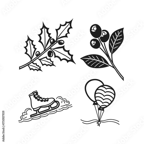 Botanical outline elements honeycomb flower stem leaf natural organic design isolated on transparent background