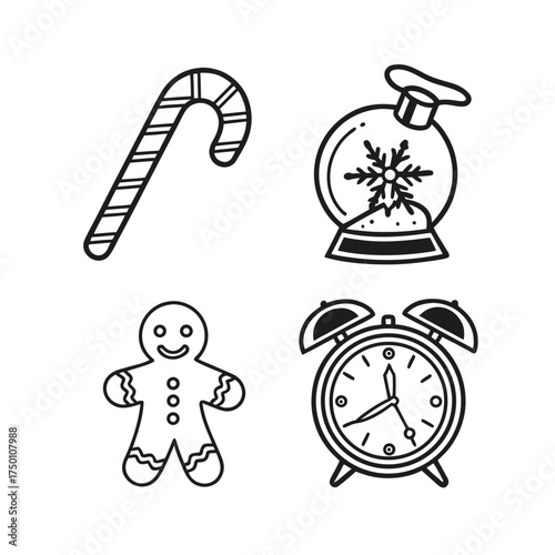 Christmas icons collection candy cane gingerbread man alarm clocks festive holiday symbols isolated on transparent background