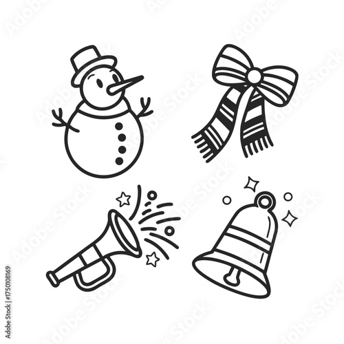 Christmas icons snowman bells party horn and ribbon bow festive celebration symbols isolated on transparent background