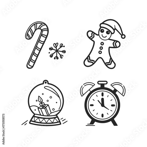 Christmas themed icons outline set candy cane gingerbread man snow globe alarm clock celebration isolated on transparent background