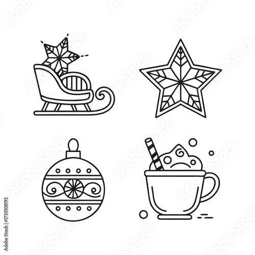 Four outline icons featuring celebration symbols for festive events and parties isolated on transparent background