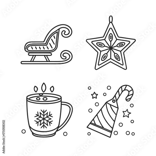 Festive winter holiday icons set featuring sleigh hot cocoa star ornament and snowflakes isolated on transparent background
