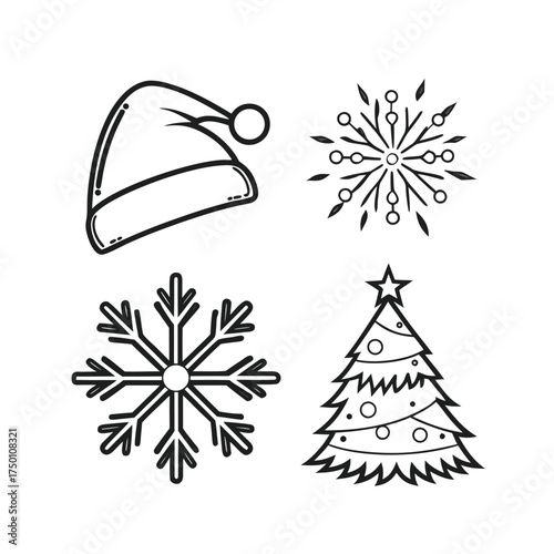 Set of four simple christmas icons santa hat snowflake tree outline drawing isolated on transparent background