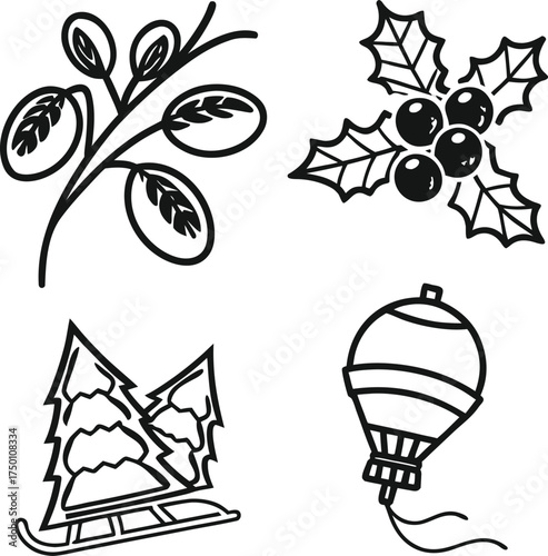 Botanical line drawings of flowers and fruit elements for design isolated on transparent background