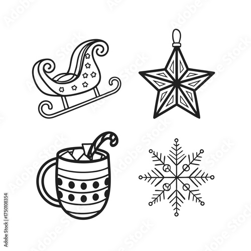 Christmas icons set festive holidays symbols santa hat hot chocolate mug star snowflake isolated on transparent background