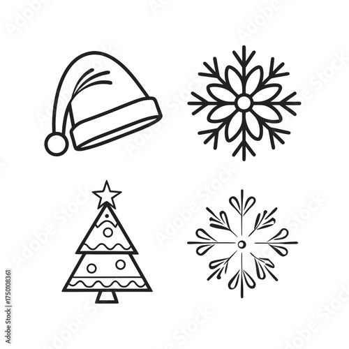 Festive christmas icons featuring santa hat snowflake and tree silhouette for holiday design isolated on transparent background