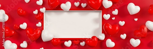 Festive Heart Decorations With White and Red Balloons on a Bright Red Background