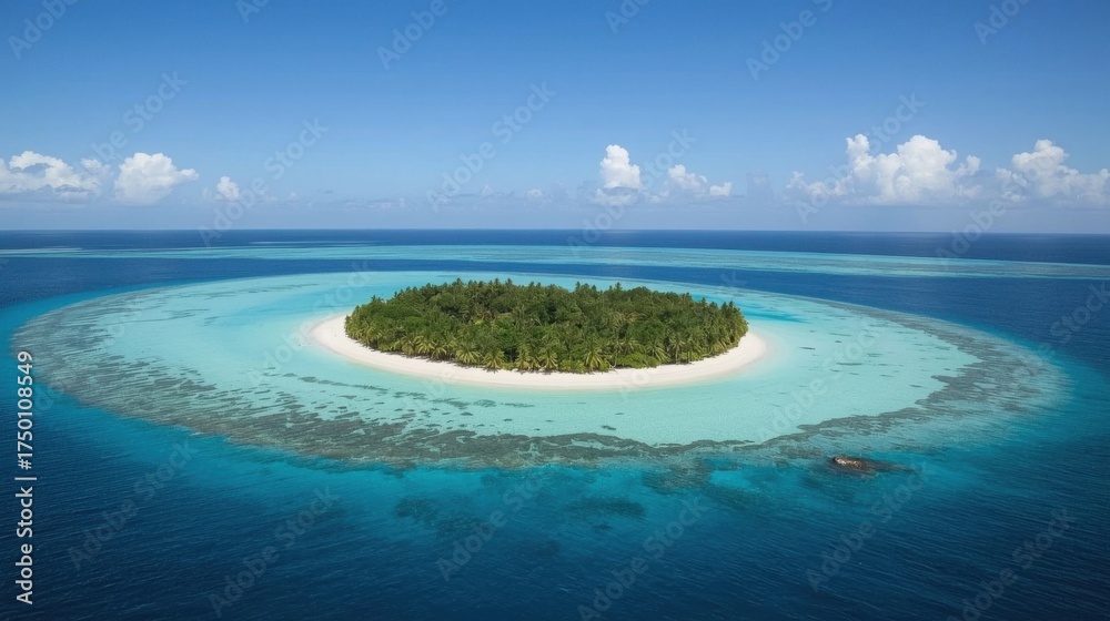 Obraz premium Aerial view of a tropical island with lush green trees surrounded by turquoise water and a white sand beach
