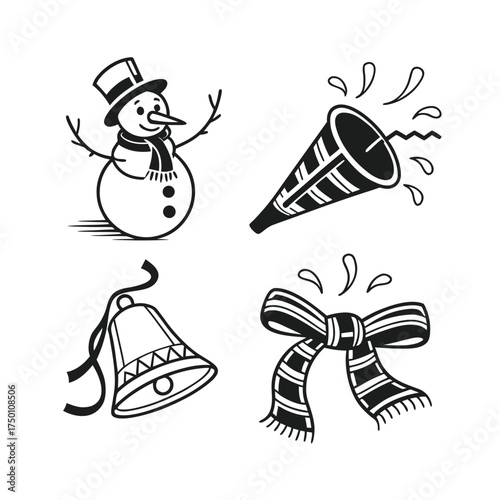 Collection of four stylized christmas icons for festive design elements isolated on transparent background