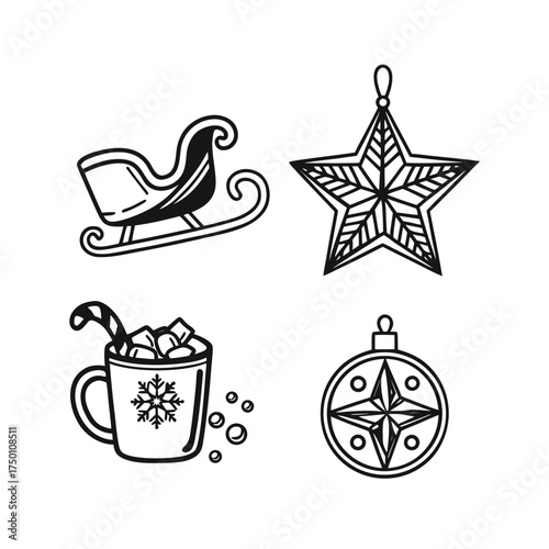Christmas icons silhouette set festive sleigh star ornament festive elements isolated on transparent background