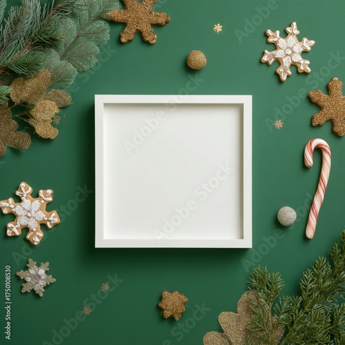 Holiday Decoration Setup With Blank Frame and Festive Items on Green Background