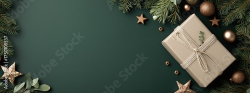 Festive Holiday Gift Decoration With Natural Elements and Stars on Green Back...