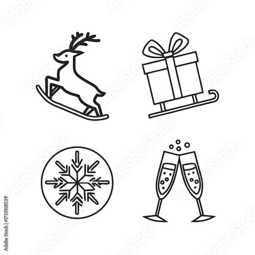 Four christmas icons featuring reindeer gift boxes snowflake and champagne glasses isolated on transparent background
