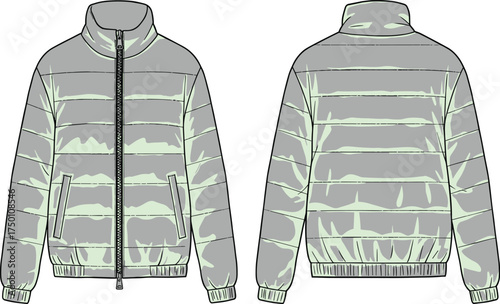 Vector illustration of padded winter puffer jacket with zipper front, stand collar, ribbed cuffs and hem, front and back technical flat sketch