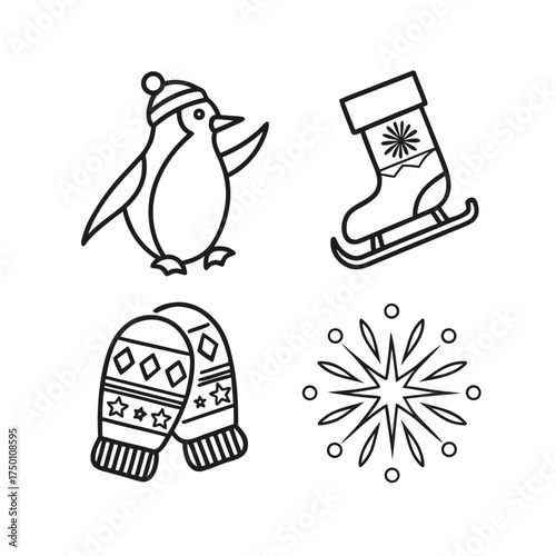 Four simple line art christmas icons penguin snowflake stocking hat festive elements isolated on transparent background