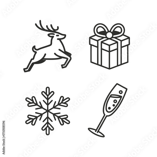 Christmas icons set rudolph gift snowflake champagne glass festive celebration isolated on transparent background