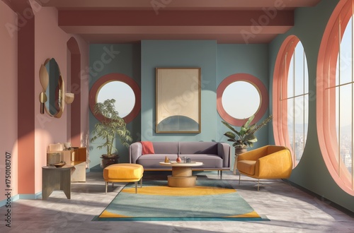 Modern Living Room Design With Colorful Accents and Large Windows Overlooking...