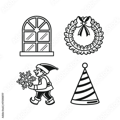 Set of four simple christmas icons including a tree wreath and window isolated on transparent background