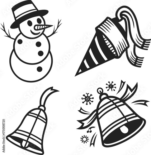Set of four outline christmas icons including snowman bell and party horn for festive designs isolated on transparent background