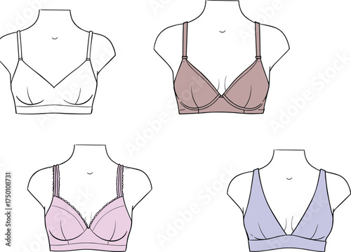 Vector illustration of women’s lingerie bra set, fashion flat sketch design template, stylish undergarment collection with lace, padded and non padded styles
