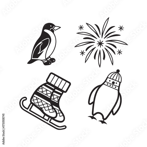 Festive penguin and christmas stocking icons for winter holiday celebrations isolated on transparent background