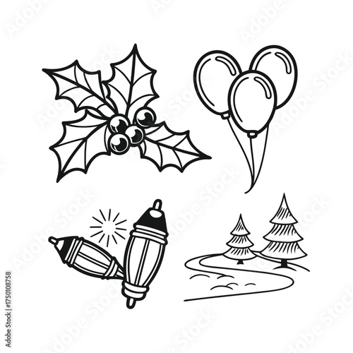 Four elements hand drawn outline celebration objects christmas party birthday isolated on transparent background