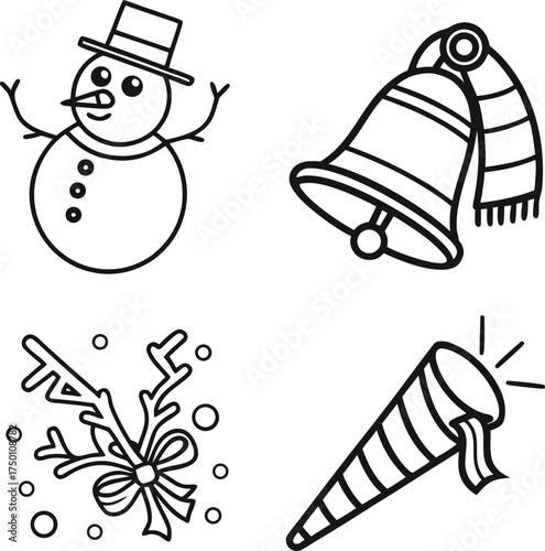 Christmas icon set festive snowman bell candy cane and pine tree outline graphics isolated on transparent background