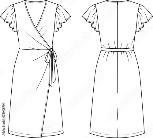 Vector illustration of women’s wrap dress with flutter sleeves, fashion flat sketch template showing front and back design, casual elegant summer clothing