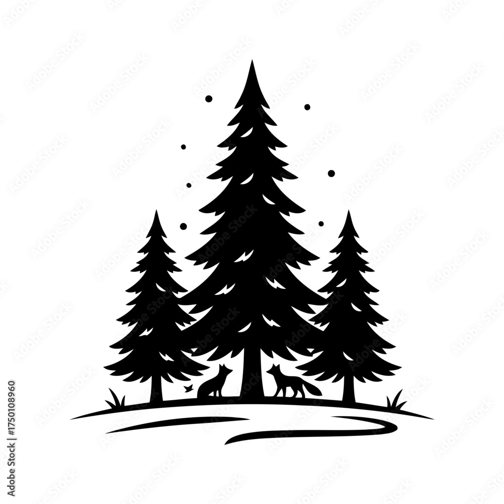 Obraz premium Winter snow activities vector art of pine tree forest with foxes in silhouette