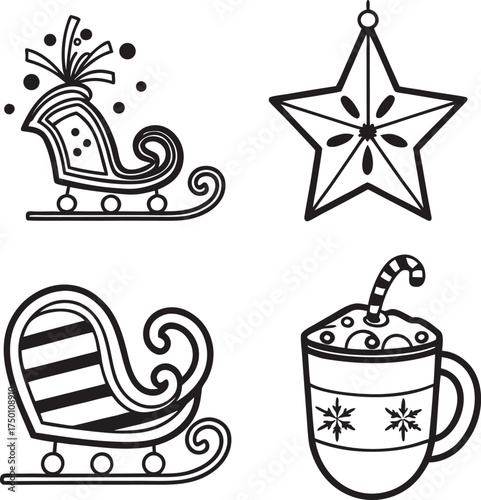 Set of four festive christmas icons santa sleigh star mitten and hot cocoa for holiday celebrations isolated on transparent background