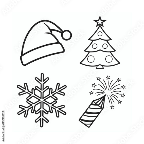 Christmas symbols set featuring santa hat snowflake tree and firecracker icons isolated on transparent background