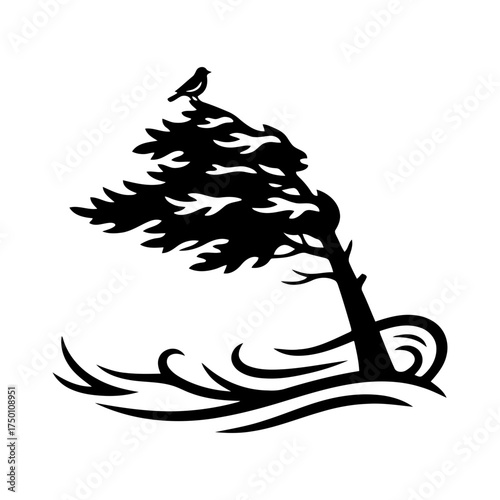 Winter snow activities vector art of windy pine tree with bird in silhouette