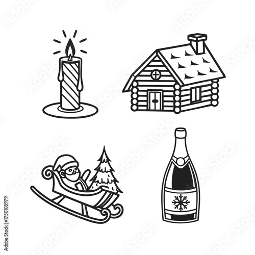 Vintage line art icons candle cabin train bottle simple outline graphics decorative elements isolated on transparent background