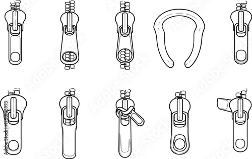 Vector illustration of zipper sliders collection, clothing fastener pullers, garment accessories set, metal and plastic zip hardware components isolated on white background