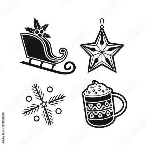Christmas silhouette icons santa sleigh star mug snowflake festive holiday collection isolated on transparent background
