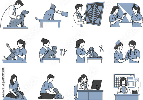 Veterinary care illustration, animal health check, pet examination, vaccination, X-ray review, medical tools, clipboard discussion, black silhouette, dog training, cat diagnosis