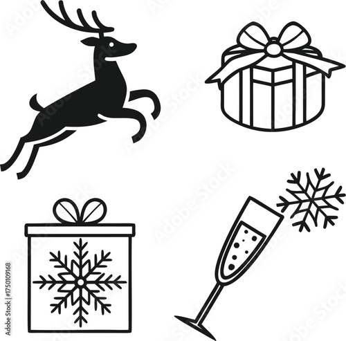 Christmas holiday icons featuring reindeer gift boxes and champagne glass isolated on transparent background