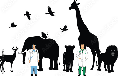 Wild animals with veterinarians illustration, elephant giraffe lion monkey antelope bird wildlife care, veterinary doctors with stethoscope, animal health, zoo medical treatment design