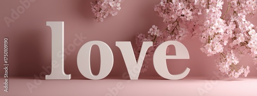 Decorative Love Sign With Pink Cherry Blossoms on a Soft Background