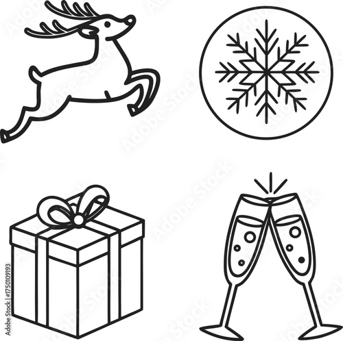 Christmas icons set outline reindeer snowflake gift and champagne glasses holiday symbols isolated on transparent background